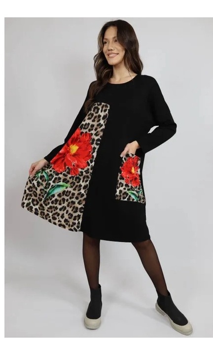 Rochie Midi Cu Maneca Lunga Si Buzunar Aplicat Peony, Talie Unica, Multicolora