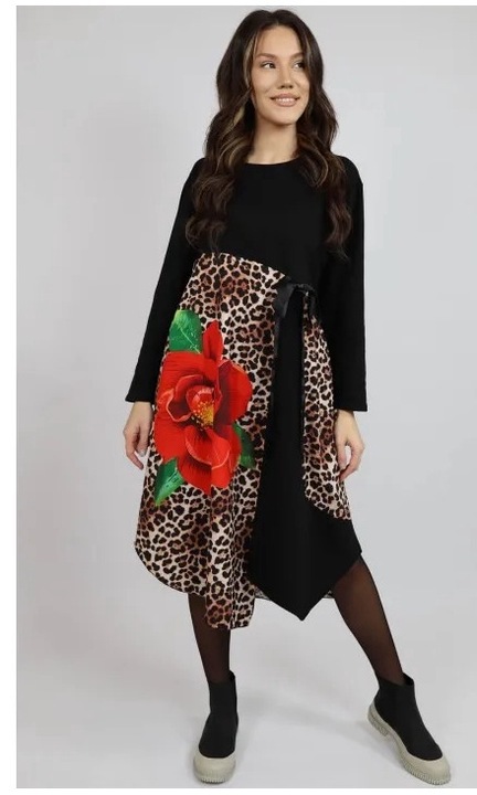 Rochie midi asimetrica cu buzunare si manaca lunga animal print flowers peony, Multicolor, One Size