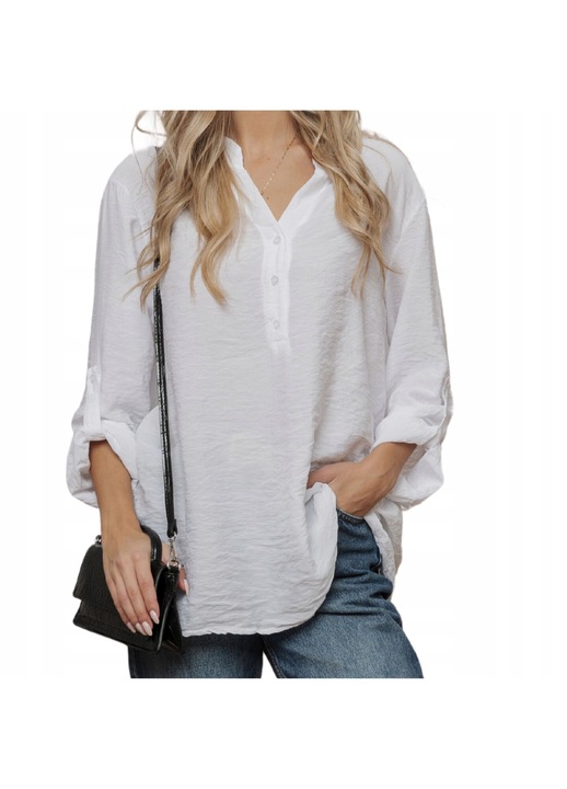 Bluza dama, Och Bella, eleganta, decolteu in V, maneci lungi, alb, viscoza, One Size INTL