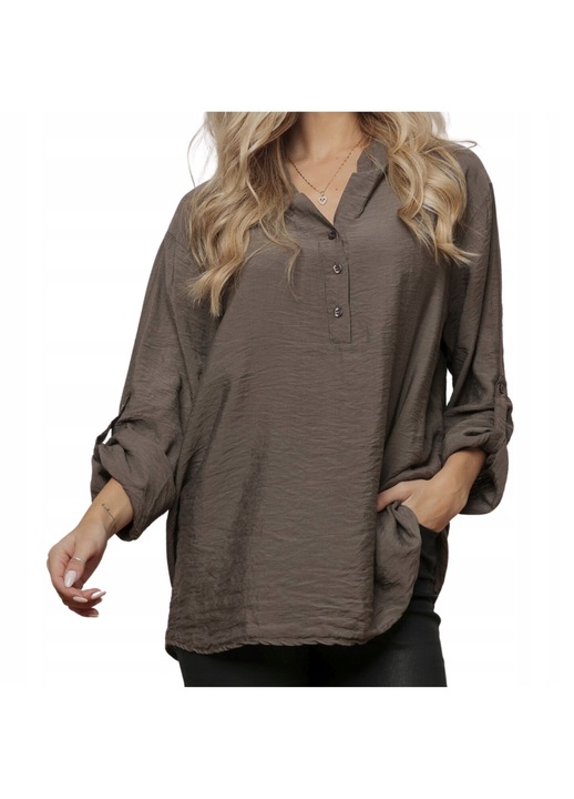 Bluza dama Och Bella, casual, cu decolteu in V, guler ridicat, kaki, viscoza, One Size INTL