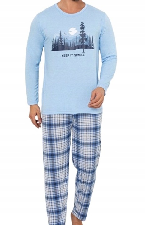 Monabella férfi pizsama, pamut, kék, hosszú ujjú, hosszú nadrág