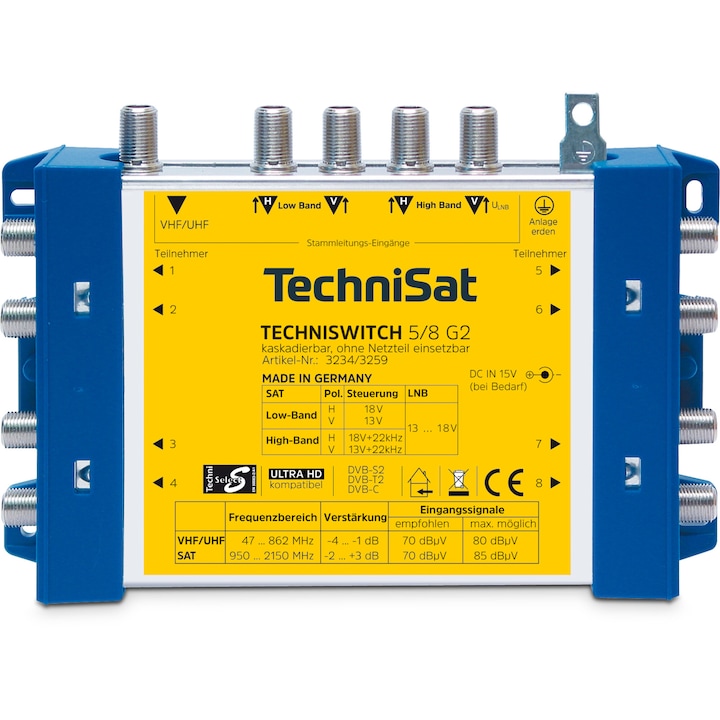 Multiswitch elosztó 5/8, TechniSat, 4 műhold bemenet, 1 TV bemenet, 8 kimenet, többszínű