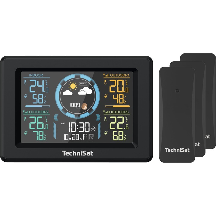 Метеорологична станция TechniSat IMETEO 700, измерване на температура и влажност, цветен LCD дисплей, 3 безжични сензора