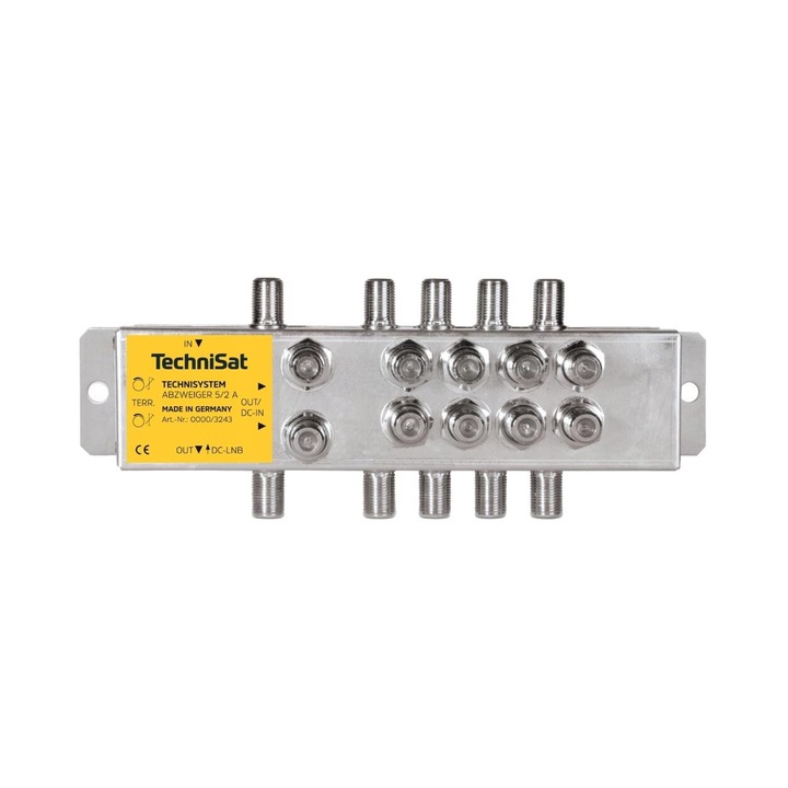 TV jelelosztó, TechniSat, 2 utas, 5/2A 2-drozny, 4 műhold bemenet, 1 földi bemenet, ezüst