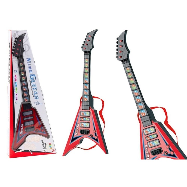 Детска електрическа китара със светлини, Leantoys, червена, 54x17.5x4.5см, 3+ години
