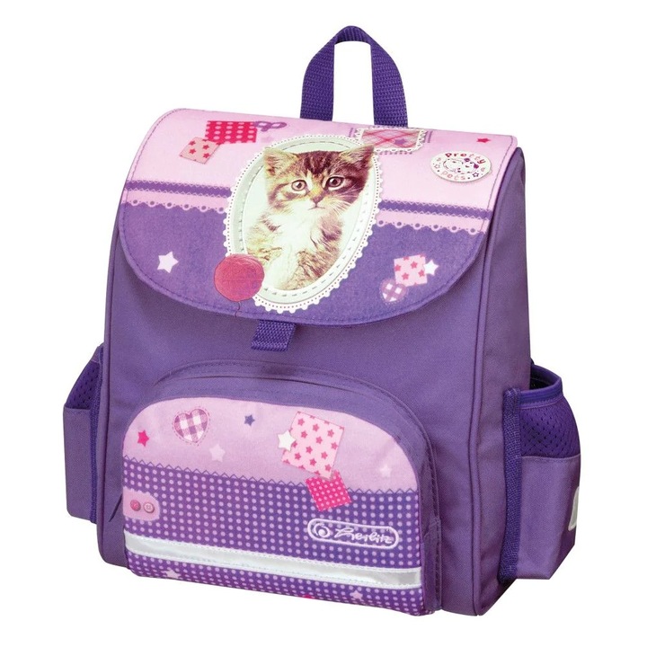 Ученическа чанта, Herlitz, Mini Soft Pretty Pets, котешка шарка, лилава, 24x28x14cm, 6.5L