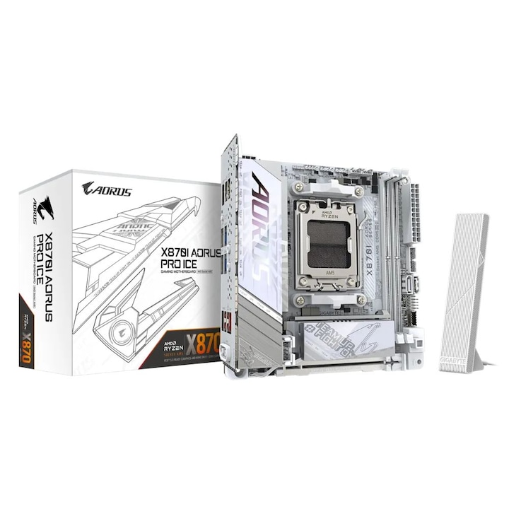 Платка Gigabyte X870I AORUS PRO ICE AM5, AMD X870, 2xDDR5, Макс.:5200MHz, Макс.:128GB, 3xPCIE16, 2xSATA3, RAID, 1xUSB, 4xUSB3.2, 1xUSB3.2C, 1xUSB4.0C, HDMI, 7.1, SPDIF оптичен изход, 2.5Gb/s LAN, WiFi, Bluetooth, 2xM.2, Mini-ITX