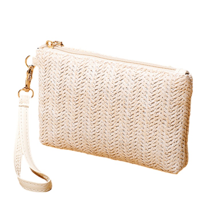 Női szalmatáska, boho modell, fehér színű, kompakt, ideális nyárra