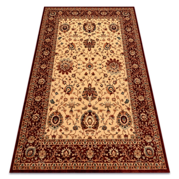 Covor DYWANY ŁUSZCZÓW de lana KASHQAI 4303 106 Flori, cadru bej / vin rosu, 200x300 cm