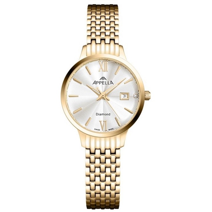 Ceas dama Appella L50012.1163DQ, cadran argintiu, mecanism quartz Ronda 785, bratara inox, rezistent la apa 30m