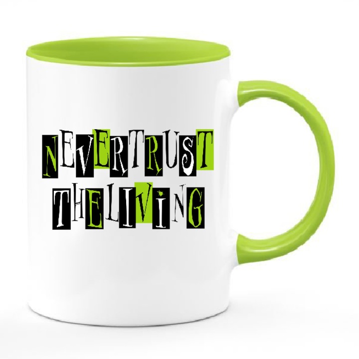 Cana ceramica Beetlejuice, 330ml, alb-verde, mesaj "Never Trust the Living"