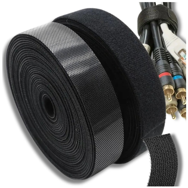 Banda velcro, Edibazzar, Negru, 10 m