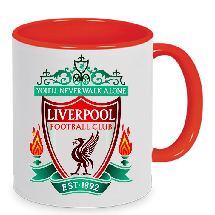 Cana ceramica Liverpool 330ml alb-rosu, design elegant, maner ergonomic