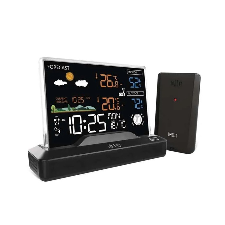Statie meteorologica EMOS E8620, prognoza meteo, afisaj colorat, negru, set cu 1 senzor wireless, 155x50x113mm