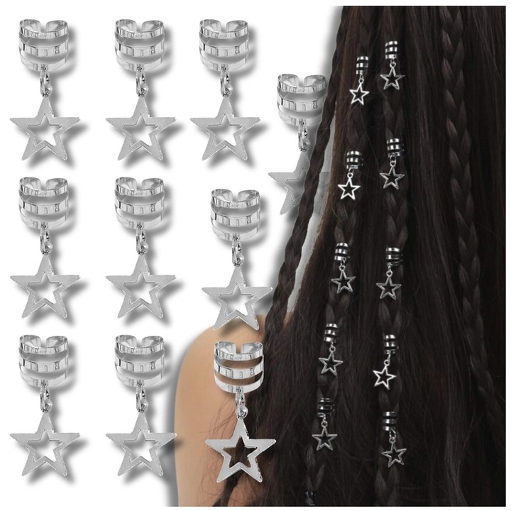 Agrafe de par metalice decorative in forma de stea, set 10 bucati, argintiu, 1.5cm, accesorii elegante pentru impletituri, dreaduri, cozi, coafuri de ocazie, nunta, petreceri, festivaluri, usor de aplicat, rezistente, versatile