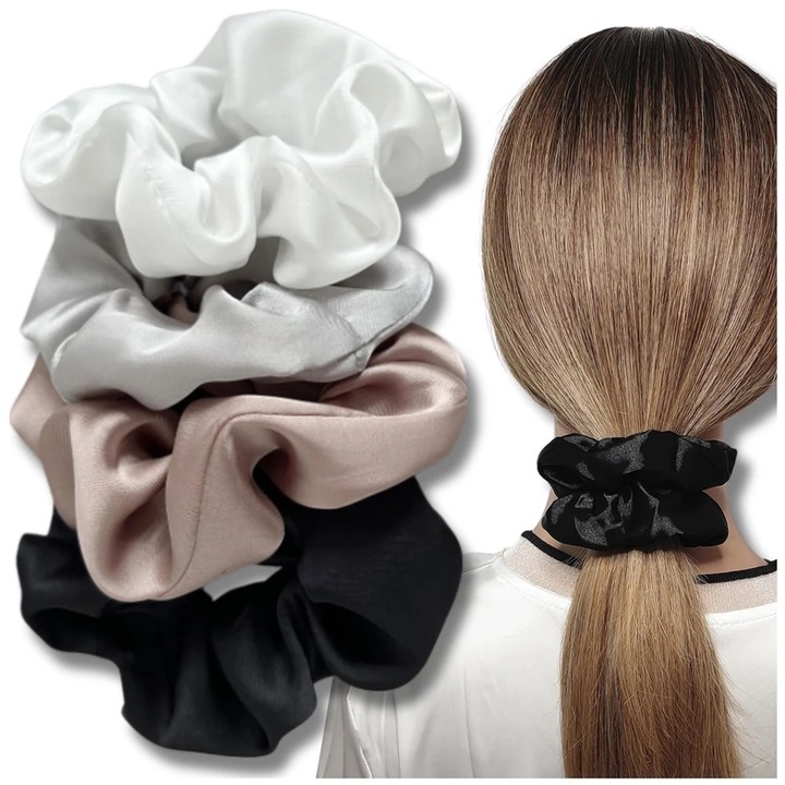 4 db-os SCRUNCHIE hajgumi készlet, Edibazzar, minimalista design, szatén anyag, tarka, 6cm x 10cm