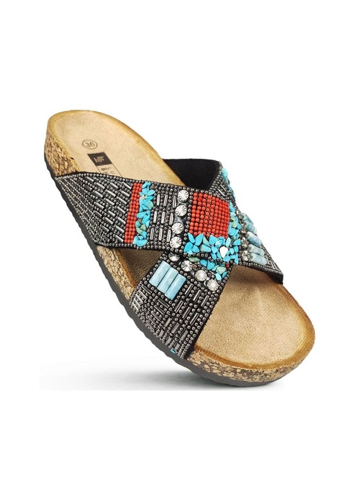 Papuci Permani, eleganti, stofa/textil, negru, 37 EU