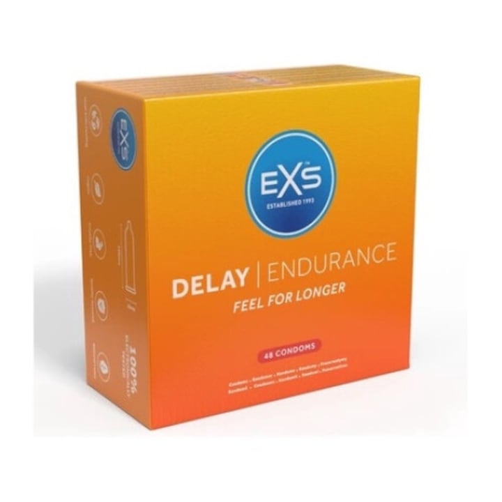 Презервативи EXS Endurance Delay, комплект от 48 бр., естествен латекс, 53 мм, силиконов лубрикант