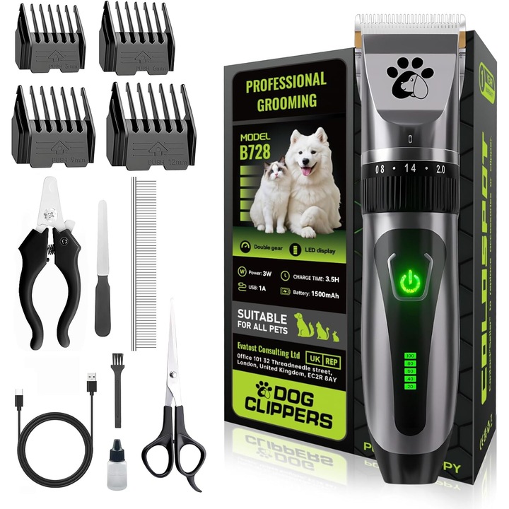 Animal Clipper, COLDSPOT ® Silent, Vezeték nélküli, Kerámia penge, Power display, Körömkészlettel, kutyáknak, macskáknak, szarvasmarháknak, birkáknak
