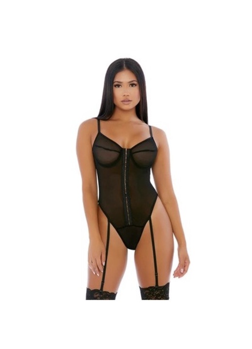 Body sexy ForPlay, transparent, cupe necaptusite, bretele jartiera