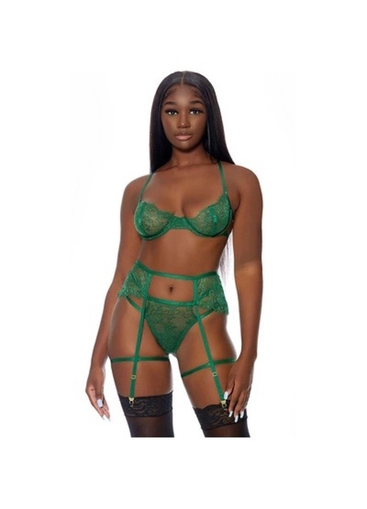 ForPlay szexi fehérnemű szett, 3 részes, csipke, harisnyakötő, hozzáillő bugyi