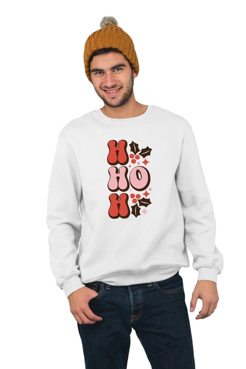 Hanorac barbati fara gluga cu imprimeu, Craciun - HO HO HO 4, mix 1, Alb
