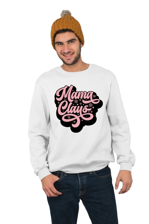 Hanorac barbati fara gluga cu imprimeu, Craciun - Mama Claus 1, mix 1, Alb