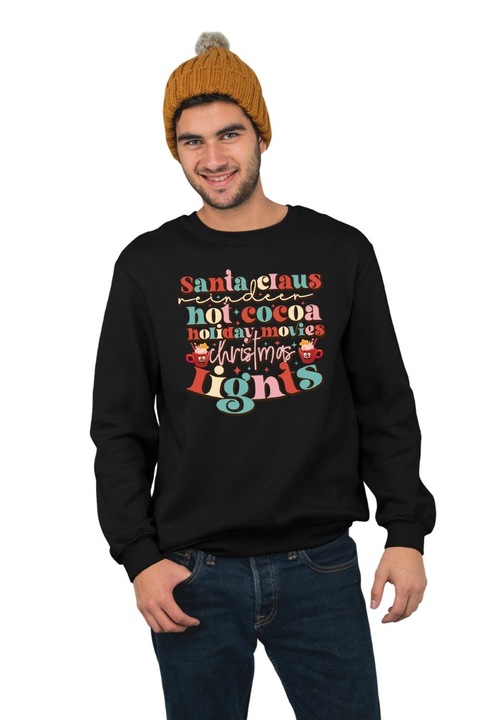 Hanorac barbati fara gluga cu imprimeu, Craciun - Santa Claus Hot Cocoa and Movies, mix 1, Negru