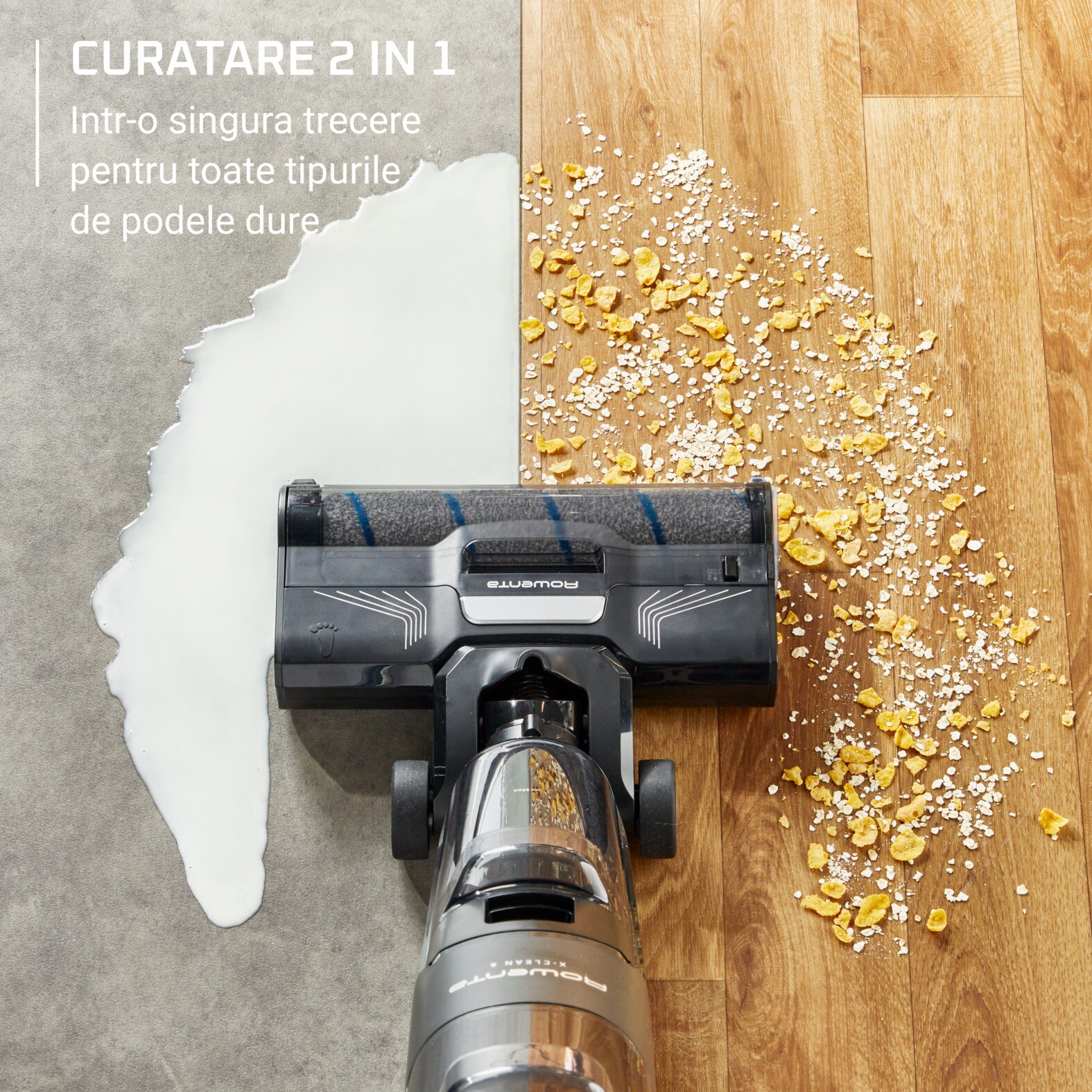 Aspirator vertical cu spalare Rowenta X-Clean 4 GZ5035WO, 200W, 425 RPM, Autonomie 50 minute, Baza de incarcare, Compatibil cu detergentii, Functie autocuratare, Gri/Negru