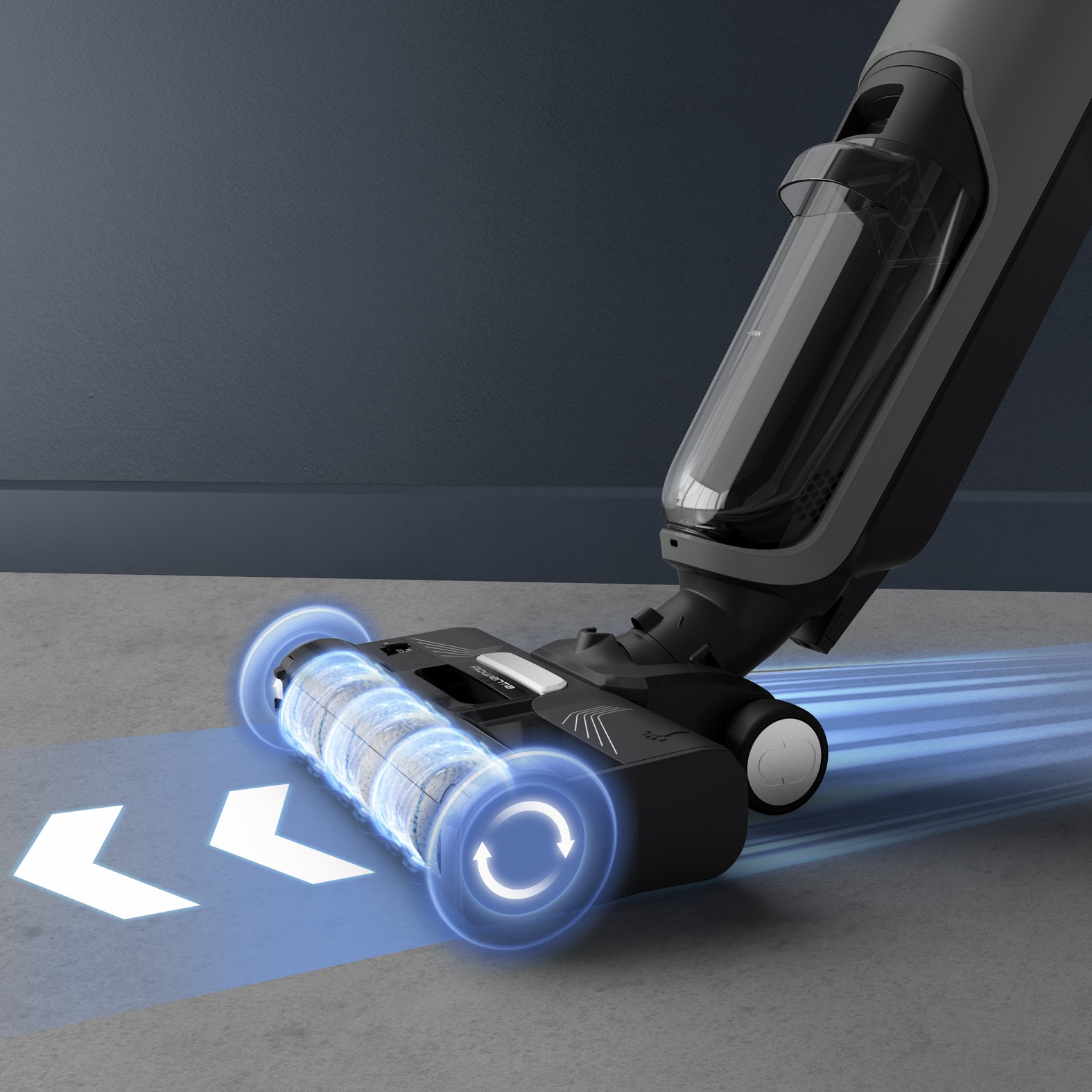 Aspirator vertical cu spalare Rowenta X-Clean 4 GZ5035WO, 200W, 425 RPM, Autonomie 50 minute, Baza de incarcare, Compatibil cu detergentii, Functie autocuratare, Gri/Negru