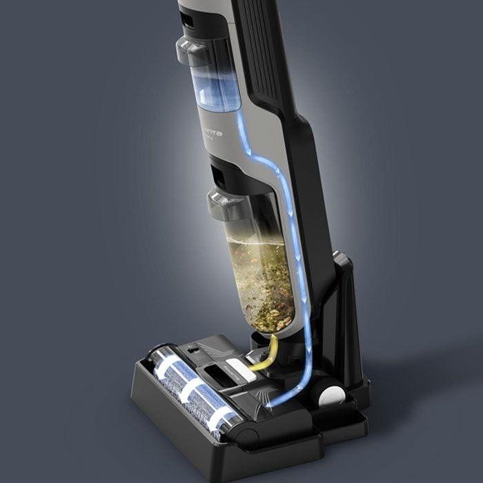 Aspirator vertical cu spalare Rowenta X-Clean 4 GZ5035WO, 200W, 425 RPM, Autonomie 50 minute, Baza de incarcare, Compatibil cu detergentii, Functie autocuratare, Gri/Negru