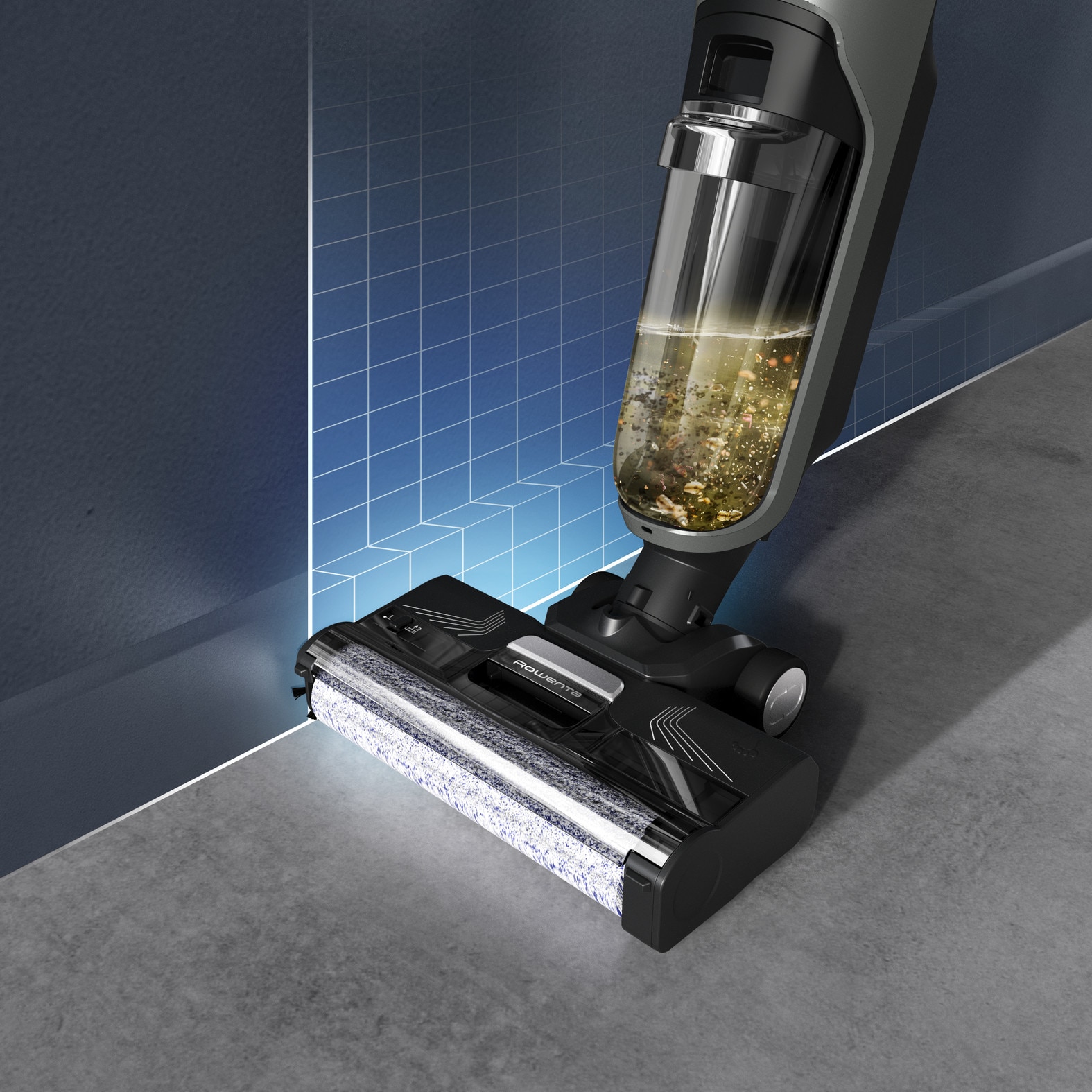 Aspirator vertical cu spalare Rowenta X-Clean 4 GZ5035WO, 200W, 425 RPM, Autonomie 50 minute, Baza de incarcare, Compatibil cu detergentii, Functie autocuratare, Gri/Negru