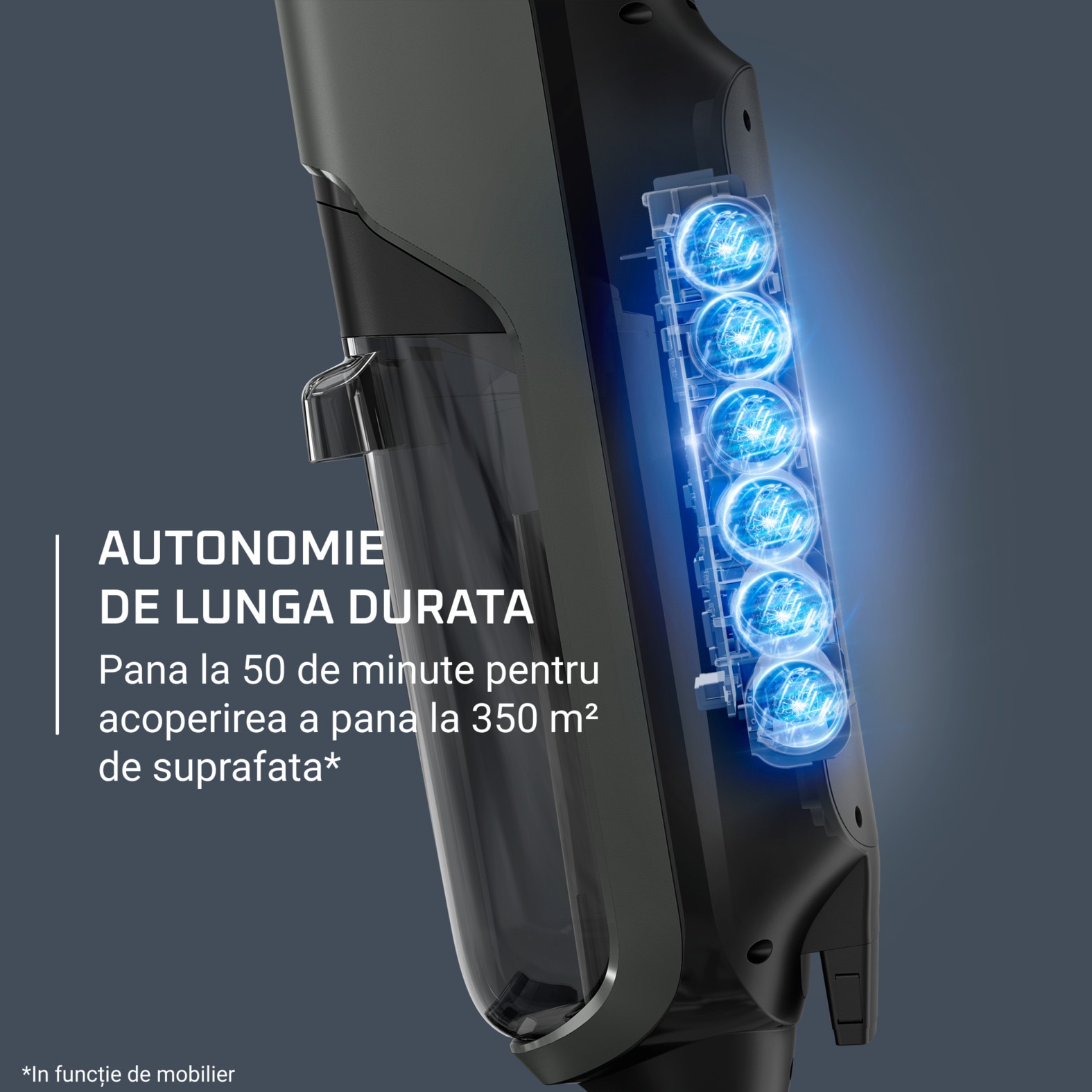 Aspirator vertical cu spalare Rowenta X-Clean 4 GZ5035WO, 200W, 425 RPM, Autonomie 50 minute, Baza de incarcare, Compatibil cu detergentii, Functie autocuratare, Gri/Negru