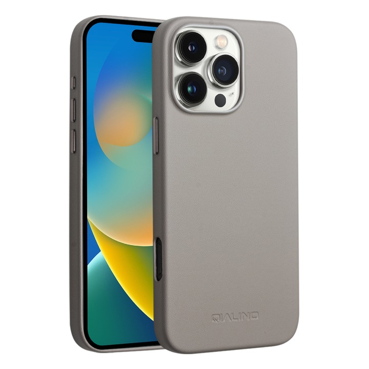 Тънък калъф за iPhone 16 Pro Max, съвместим с MagSafe, естествена кожа, заден капак, Qialino, СИВ