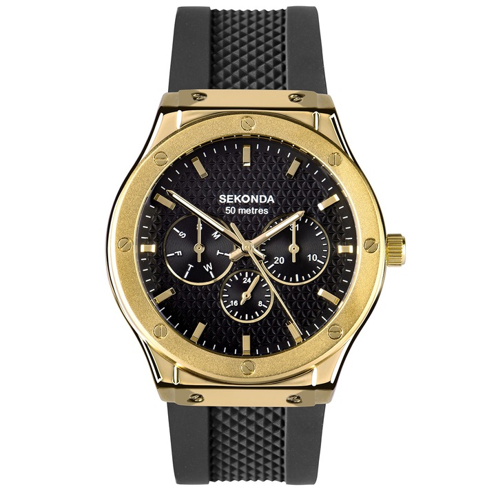 Ceas barbati Sekonda 30233, quartz, carcasa metalica aurie, curea silicon gri, rezistent la apa 50m