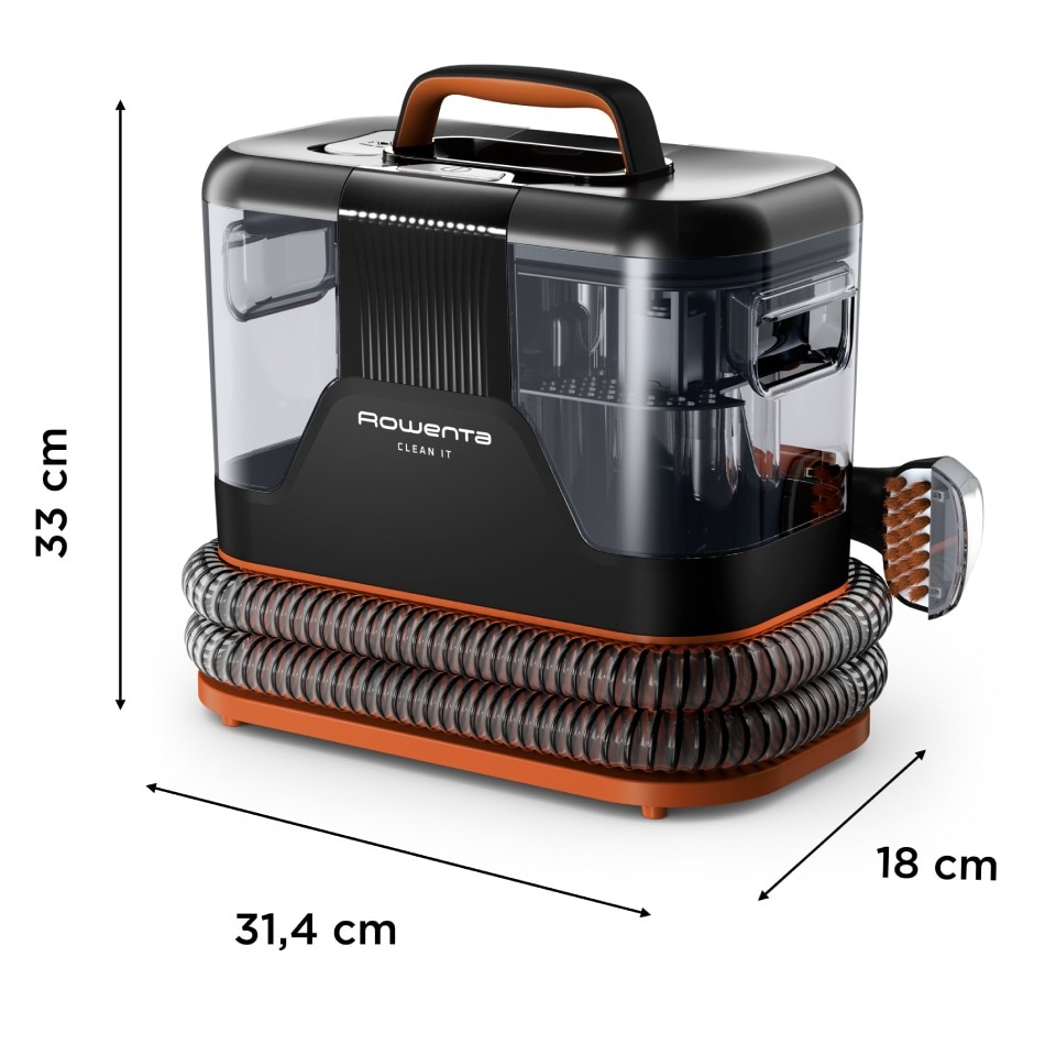 Aspirator portabil pentru covoare Rowenta Clean It IN5011F0, 400 W, recipient pentru apa detasabil, functie autocuratare, portocaliu & negru