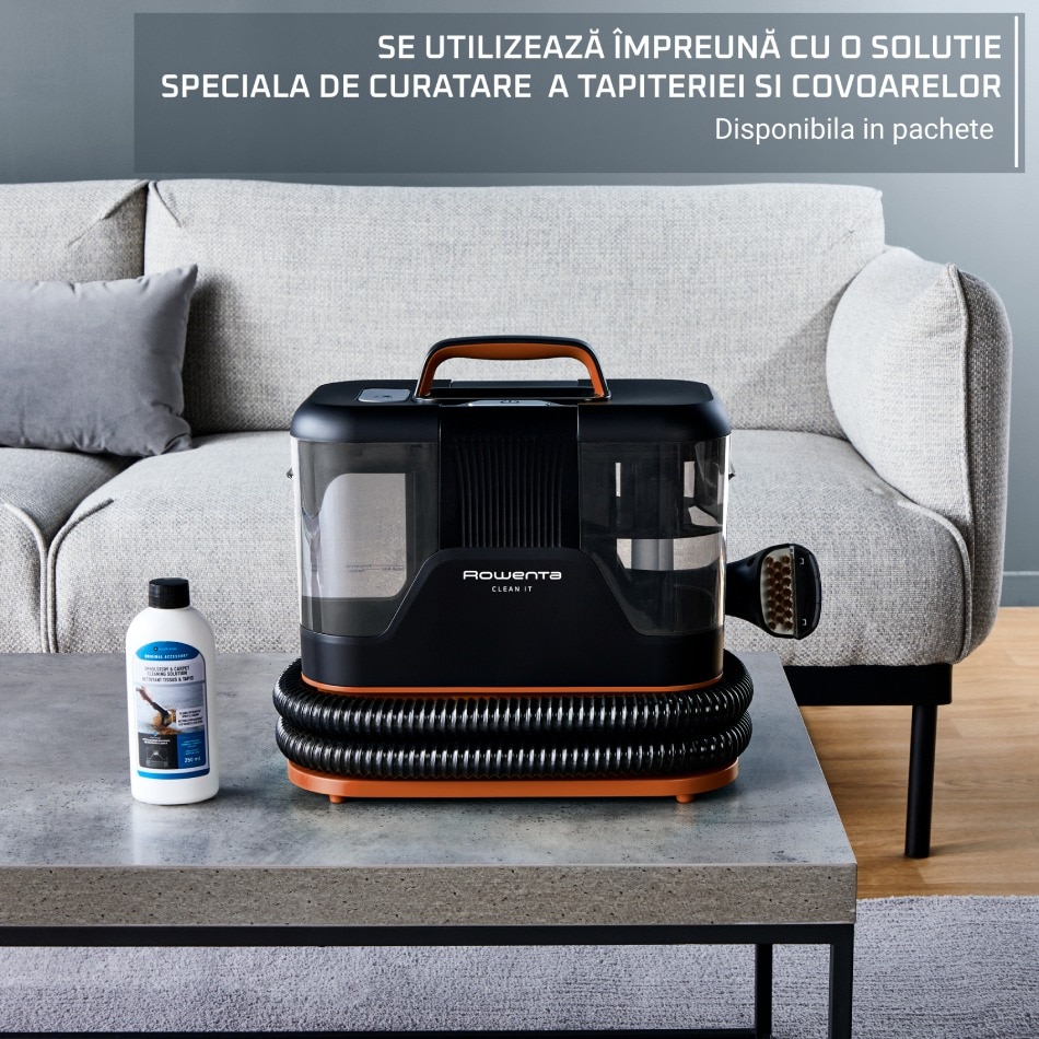 Aspirator portabil pentru covoare Rowenta Clean It IN5011F0, 400 W, recipient pentru apa detasabil, functie autocuratare, portocaliu & negru