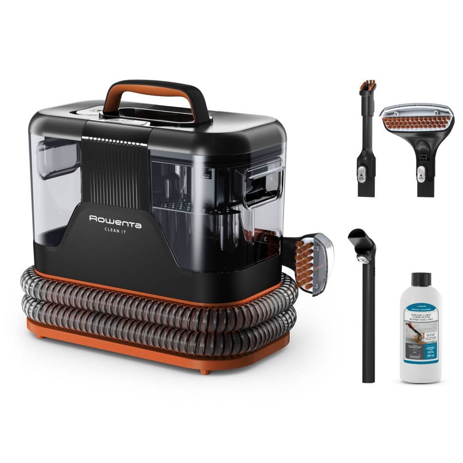 Aspirator portabil pentru covoare Rowenta Clean It IN5011F0, 400 W, recipient pentru apa detasabil, functie autocuratare, portocaliu & negru
