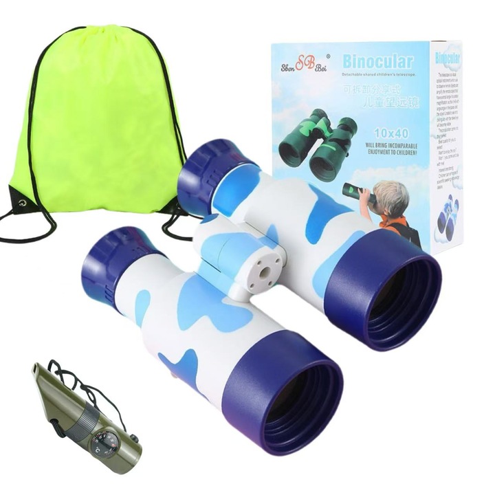 Детски бинокъл с резолюция 10х40, специално предназначен за момчета и момичета от 7 до 13 години, детски телескоп, който може да се разглобява и споделя, мултифункционална свирка със седем функции за на открито, син