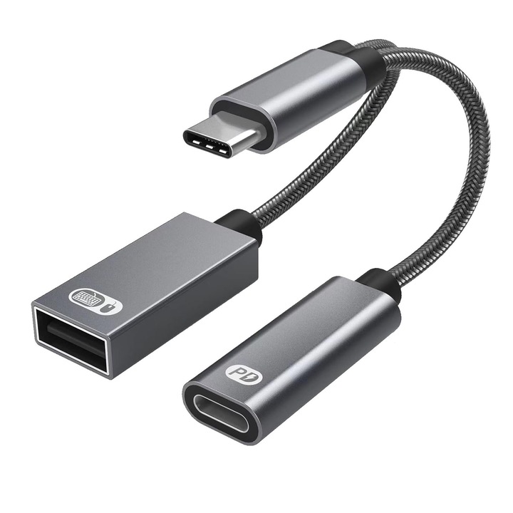 USB-C сплитер 2 в 1, SINBINTA, USB C към USB OTG адаптер и кабел за зарядно устройство, PD 60W бързо зареждане тип C OTG и USB A порт, съвместим с Chromecast Google TV, iPad Pro и други устройства тип C, метален, 12,5 см, сив
