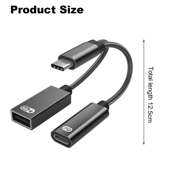 Splitter USB-C 2 in 1, SINBINTA, Adaptor usb c la usb otg si cablu incarcator, PD 60W incarcare rapida de tip c otg si port usb a mama, Compatibil cu chromecast google tv, ipad pro si alte dispozitive de tip c, Metal, 12.5cm, Negru