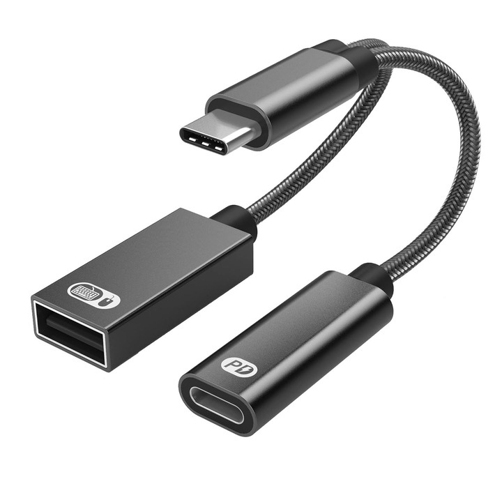 USB-C сплитер 2 в 1, SINBINTA, USB C към USB OTG адаптер и кабел за зарядно устройство, PD 60W бързо зареждане тип C OTG и USB A порт, съвместим с Chromecast Google TV, iPad Pro и други устройства тип C, метален, 12,5 см, черен
