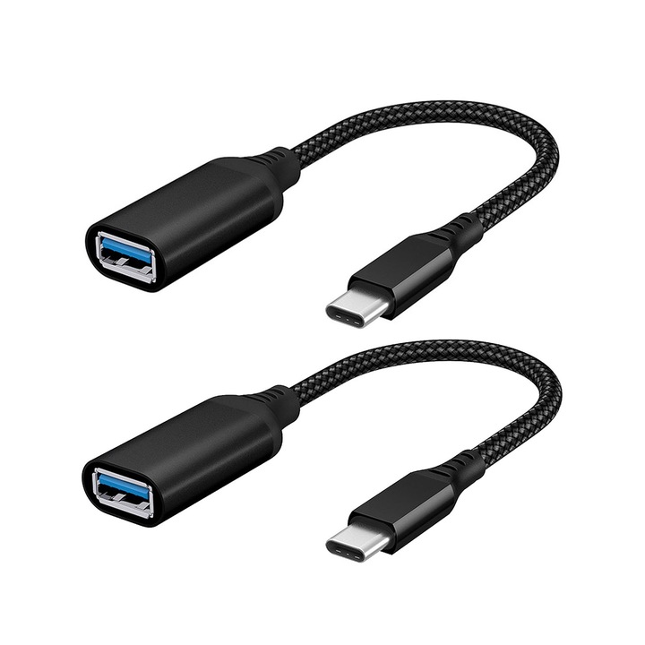 2 db Type-C – USB 3.0 adapter készlet, SINBINTA, OTG adapterkábel USB 3.0 anya USB Type C dugóhoz, Nagy sebességű átvitel, Tartós, Kompatibilis laptopokkal, táblagépekkel vagy okostelefonokkal USB Type-C csatlakozóval (kivéve iPad Pro), fém, 20 cm, fekete