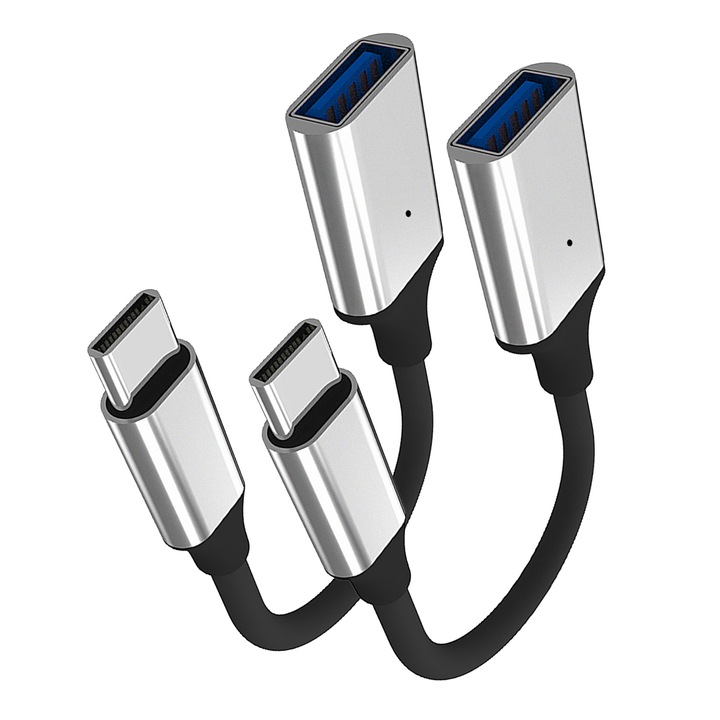 Set 2 adaptor Type-C la USB 3.0, SINBINTA, Cablu adaptor OTG USB 3.0 mama la USB tip C tata, Indicator luminos, Durabil, Compatibil cu laptop, tableta sau smartphone cu un conector USB Type-C (cu exceptia iPad Pro), Metal, 17 cm, Argint