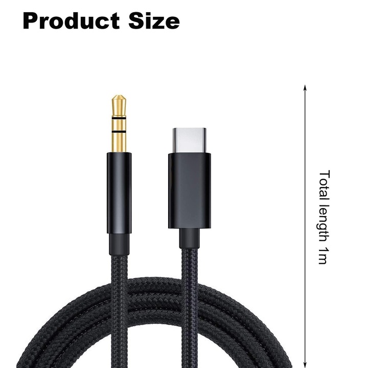 Cablu adaptor audio usb type-c la aux jack 3.5mm, SINBINTA, Cablu auxiliar cu mufa tip c si jack 3.5 mm pentru auxiliar, Transmisie de mare viteza, Durabil, Sunet de inalta calitate, Pentru casti, boxa sau autoturism, Metal/Nylon, 1m, Negru