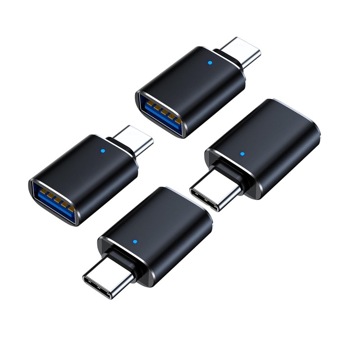 Комплект от 4 oz otg адаптер с usb-c към usb 3.0 щепсел, SINBINTA, USB-c към usb 3.0 otg адаптер, бързо зареждане и трансфер на данни, с LED индикатор, за часовник Apple, телефон, nintendo switch, airpods, ipad, кола, алуминиев калъф, 28.8*16.2 mm, черен