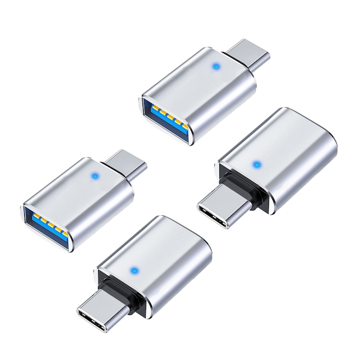Комплект от 4 oz otg адаптер с usb-c към usb 3.0 щепсел, SINBINTA, USB-c към usb 3.0 otg адаптер, бързо зареждане и трансфер на данни, с LED индикатор, за часовник apple, телефон, nintendo switch, airpods, ipad, алуминиев калъф, 28,8*16,2 mm, сребрист