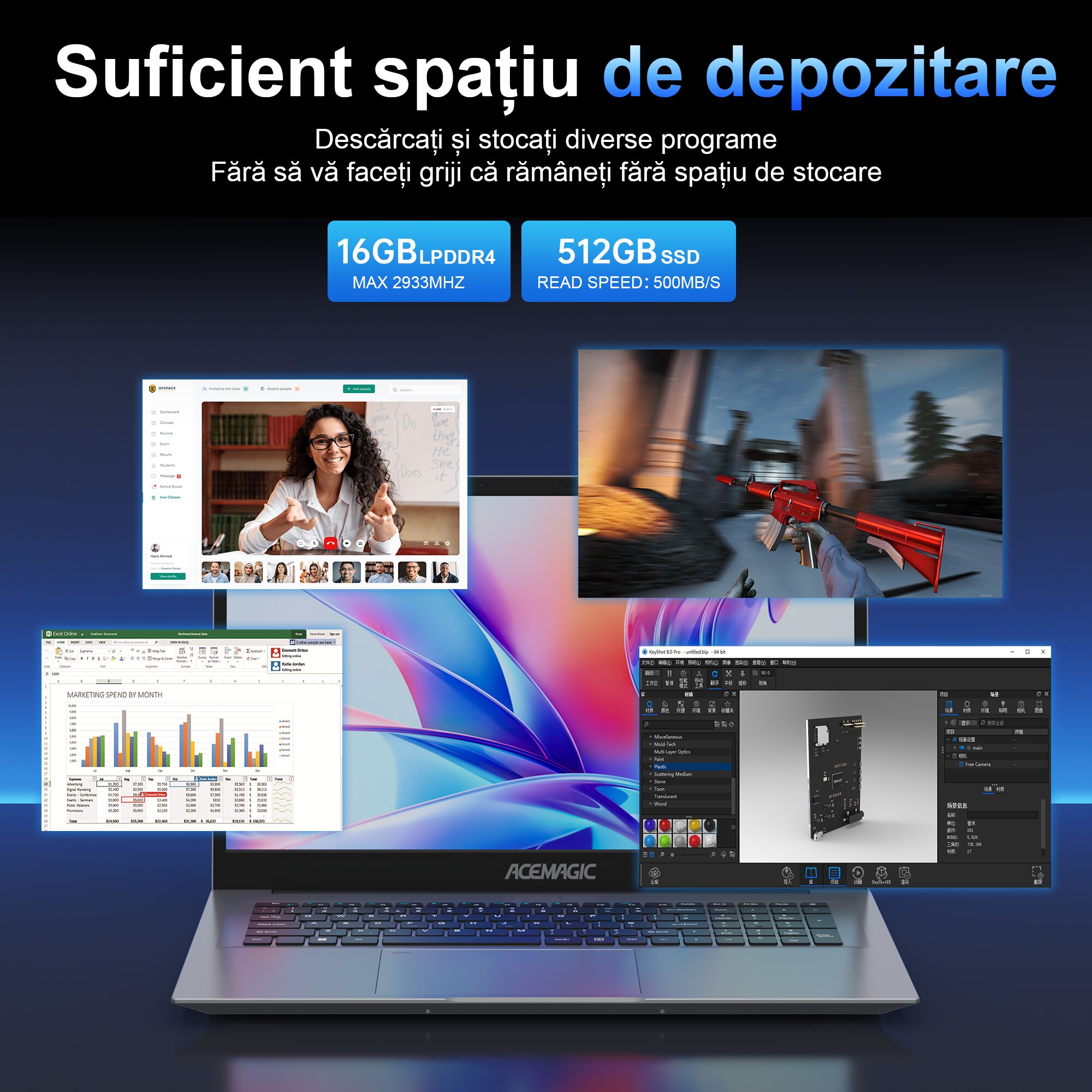 Laptop ACEMAGIC 15.6''cu procesor Intel® Twin Lake N150 pana la 3.6 GHz, 16GB DDR4 RAM, 512GB SSD, Windows 11 Pro