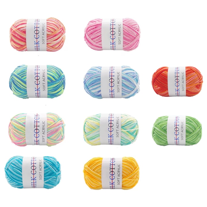 Set 10 Fir Textil, SINBINTA, Role Tricotate de Crosetat, Nu estompeaza, micsoreaza, Absoarbe transpiratia, Imbunatati coordonarea ochi-mana si abilitatile motorii fine, Pentru incepatori si avansati, Bumbac, 50g, Multicolor