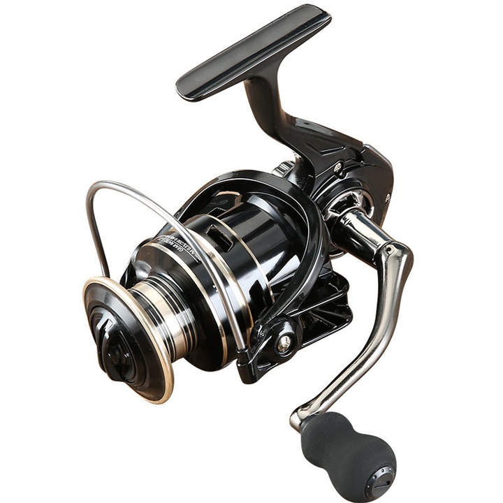 Mulineta spinning pentru pescuit, Hggzeg, Mulineta de pescuit, NX4000, Tambur metalic, Rulmenti inox, Raport de recuperare 5.2:1, EVA grip pills, Forta de franare statica 8 kg, Rezistent la uzura, Alloy, 6 * 12 * 11cm, Aur negru